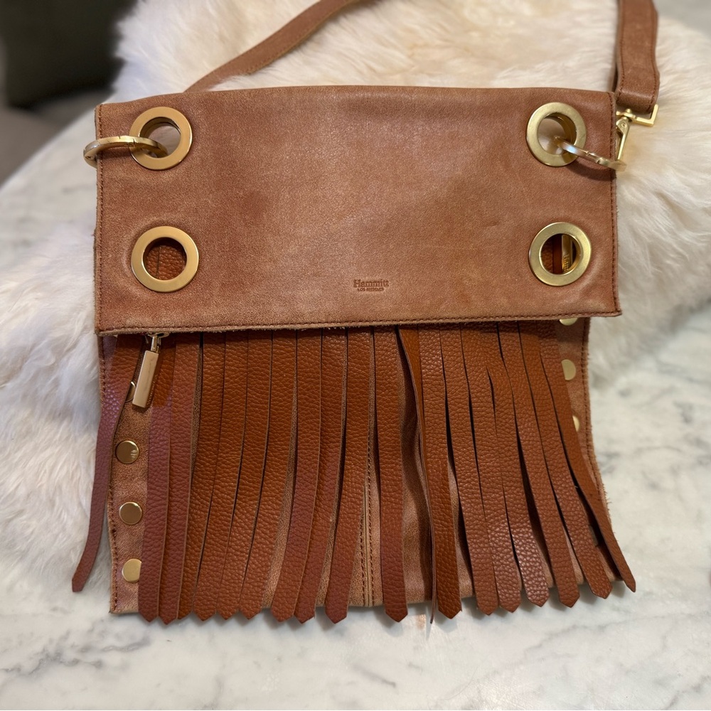 Hammitt Brown and Gold Leather Crossbody Bag with Fringe
